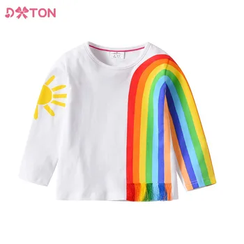 DXTON Dlhý Rukáv T-shirts Pre Dievčatá, Deti, Oblečenie Outwear Rainbow Prúžok Bežné Topy Dievča Cartoon Strapce Tee Pulóvre