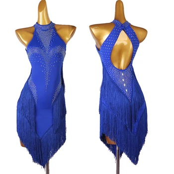 2023 Nové latinské Tanečné Súťaže Šaty Pre Wome Sexy Backless Modrá Strapec Šaty Rumba, Chacha Tango Dospelých latinskej Oblečenie DQL8391