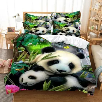Cartoon Bamboo Panda Legrační Zviera Deti Deka Durex Plný King Size 3ks Perinu Posteľnú Bielizeň Nastaviť Bedspread200x200 240x220