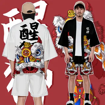 Novinka Dvoch-dielny Oblek Japonský Cardigan mužov Cosplay Lev tanec Tlač Yukata Kimono Šortky Sady Patchwork Ázijských Tradičných