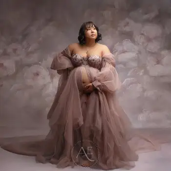 Appliqued Dlhé Šaty Materskej Šaty pre Babyshower fotenie Predné Split Plus Veľkosť Tehotné Ženy Šaty pre Fotos