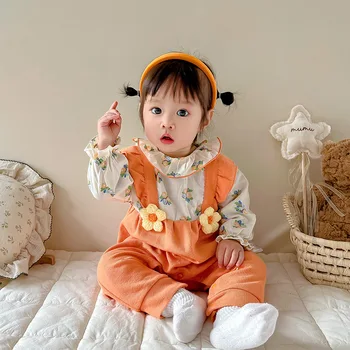 Baby Dievčatá Živé Oranžovú Kombinézu Dieťa Novorodenec Dlhý Rukáv Rozstrapatené Jumpsuit Oblek Nastaviť Bavlna 2023 Jar Jeseň Oblečenie