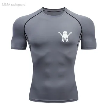 vysoko kvalitné Športové košele Mužov Beží T-shirt krátke Rýchle sušenie MMA Kompresné tričko okolo krku Lete Sivá Cvičenie košele