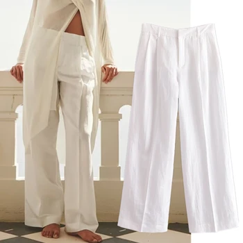 Ochrnutú Marocký Retro Dámy Bielizeň Textúra Rovné Nohavice Módne Prímestských Biela Bežné Nohavice Ženy