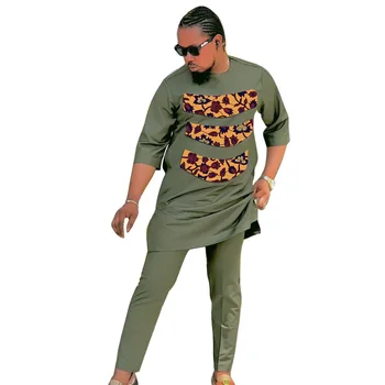 Nigérijský Štýl Vojenská Zelená Tlač Ženícha Vyhovovali Patchwork 3/4Sleeve Tričko+Pevné Nohavice Afriky Svadobné Party Oblečenie