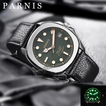 Parnis 39 mm Pánske Náramkové hodinky z Nerezovej Ocele, Mechanické Automatické Hodinky s Koženým Remienkom