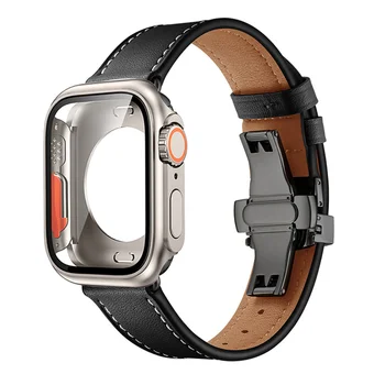 Upgrade Prípade+Kožený Remienok Pre Apple hodinky kapela 44 mm 40 mm 45 mm 41mm zmena ultra 49 mm, kryt+náramok iwatch série 4 SE 6 7 8