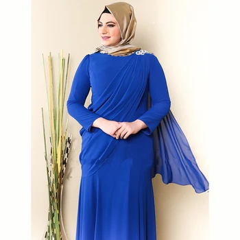 2018 Župan De Soiree Moslimských Modrá Vysoká Krku Plnej Dĺžke arabčina Hidžáb Dlho Hidžáb Moslimských Večerné šaty matka nevesty šaty
